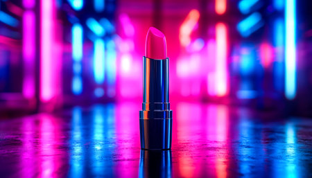 A bold pink lipstick softly illuminated by neon lights, casting shimmering reflections on a shiny surface, exuding modern elegance and vibrant style.の写真素材