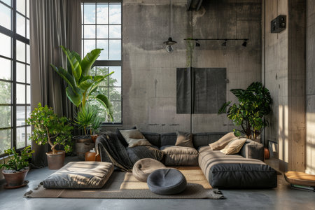 Modern industrial loft living room with concrete wall, gray sofa, large windows - home decorの写真素材