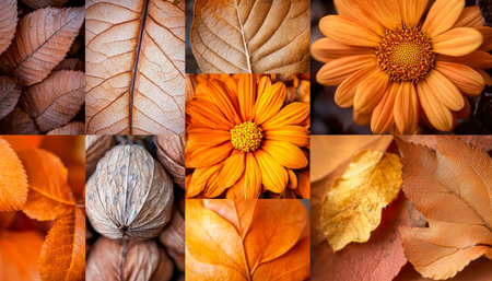 A rich array of seasonal foliage and blooms in vibrant amber, rust, and chocolate hues creates a cozy, natural composition perfect for fall themes.の写真素材