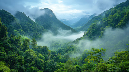 Verdant mountains enshrouded in gentle fog and mist, creating a mystical atmosphere across rolling...