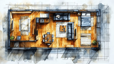 A stylish overhead shot showcasing a sleek living room, cozy bedroom, and elegant dining space,...