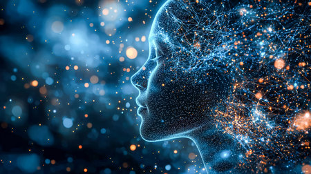 A futuristic digital portrait highlighting interconnected glowing lines and vibrant bokeh effects,...