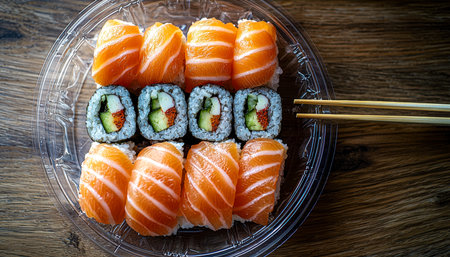 Assorted fresh sushi featuring rich salmon bites and cucumber-filled rolls arranged on a sleek transparent tray, perfect for appetizing displays.の写真素材