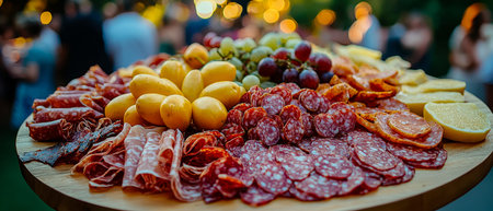Juicy slices of cured ham, salami, and vibrant berries arranged on a rustic wooden board, evoking a...