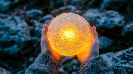 A figure gently cradles a luminous orb crafted from fine metalwork amid rugged terrain as evening...