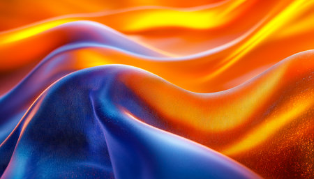Dynamic ribbons of glowing orange, blue, and purple swirl across a dark background, creating an energetic, ethereal sense of movement and color harmonyの写真素材
