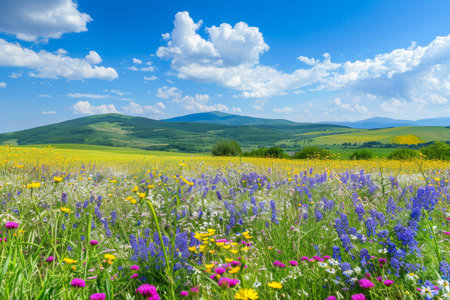 Stunning rural landscape with lush blooming fields and clear blue sky available on photo stockの写真素材