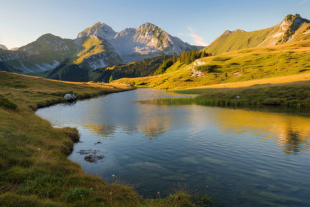Sunset at mountain lake zittauerhuette refuge, salzburg austria, picturesque european landscape