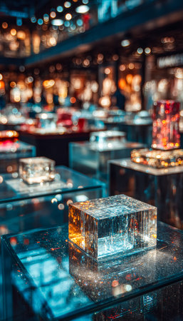 Vibrant glass blocks glow with internal lighting against sleek, minimalist surroundings, evoking a...