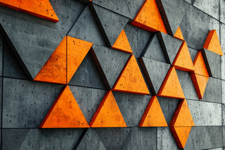 A sleek concrete backdrop adorned with bold, angular orange panels creating a dynamic, contemporary visual statement ideal for urban design themes.の写真素材