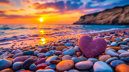 A smooth, naturally sculpted heart-shaped stone rests amid vibrant pebbles, bathed in warm sunset hues on a tranquil seaside shoreline.の写真素材