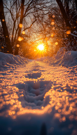 A tranquil woodland scene at dusk, with pale orange light filtering through frost-laden branches along a winding snow-blanketed trail.の写真素材