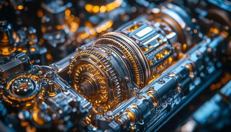 Detailed view of metallic robot components with fiery orange highlights, showcasing complex craftsmanship, high-tech style, ideal for futuristic or enの写真素材