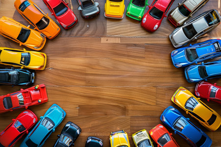 Colorful assorted toy car collection in childs playroom for creative and imaginative playtimeの写真素材