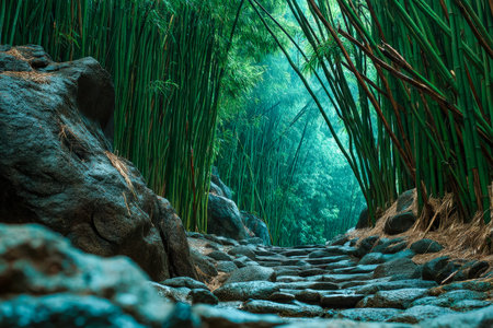 A serene woodland trail lined by slender bamboo stalks, with vibrant moss draping ancient stones...