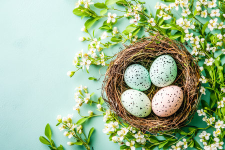 A cozy nest holds vibrant pastel eggs with speckled patterns, framed by gentle white blossoms and...