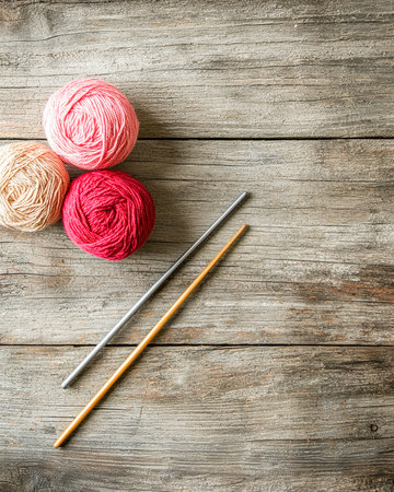 Vibrant yarn balls and sleek knitting needles rest on aged wood, creating a cozy, nostalgic scene...