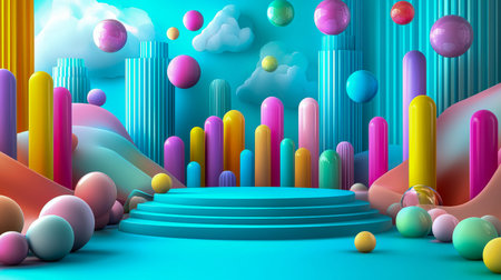 Vibrant 3d scene featuring glossy spheres and elongated cylinders set within a dreamlike,...