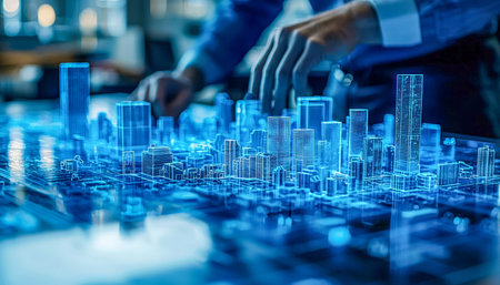 A sleek, high-tech urban model featuring glowing holographic skyscrapers, with hands navigating a...