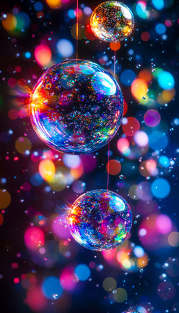 A vibrant display of luminous spheres in diverse hues, reflecting light against a softly blurred...
