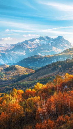Scenic sunny day panorama of mountain landscape with vibrant autumn colors and clear blue sky