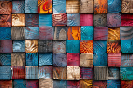 Vibrant wood veneer mosaic tiles abstract colorful background with scaled textureの写真素材