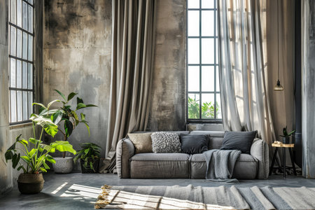 Industrial loft living room interior with concrete wall and gray sofa, home decorの写真素材