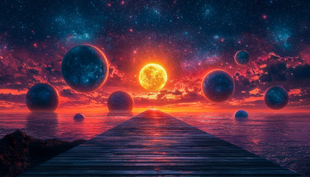 A fantasy scene features celestial bodies drifting above a tranquil ocean, tinted by the fiery hues...
