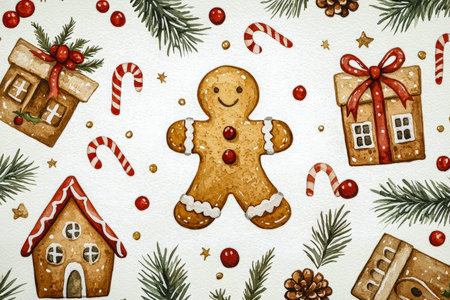 Warm holiday scene featuring decorated cookies, a gingerbread house, wrapped gifts, candy canes,...