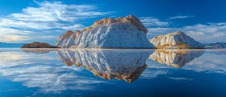 Tranquil waters mirror towering white stone formations, set against a partly cloudy sky, creating a peaceful natural scene perfect for relaxation themの写真素材