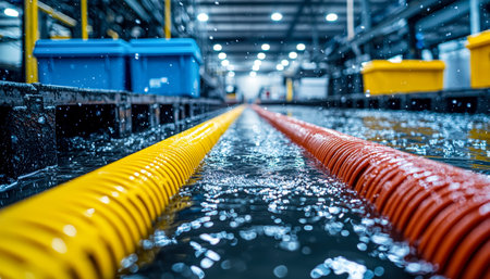 Engineers analyze liquid samples in a busy factory setting, highlighting precision tools and...
