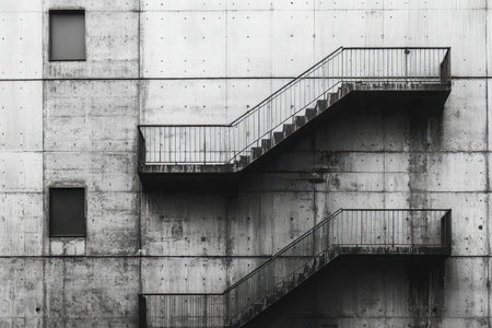 A stark, monochrome concrete structure features an exterior staircase, emphasizing sleek lines,...