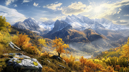 Stunning high-quality sunny day panorama mountain autumn landscape photo