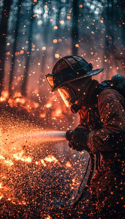 A courageous firefighter clad in full protective attire navigates glowing embers and fiery splashes...