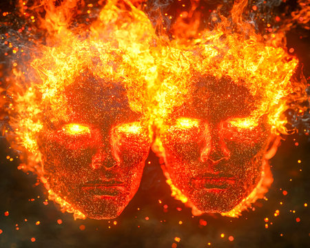 Combined fiery visages with luminescent eyes and raging infernos create an otherworldly, intense...