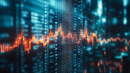 A dynamic composition featuring illuminated data flows and fluctuating graphs representing real-time market insights and analytical trends.の写真素材