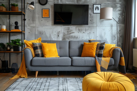 Modern loft living room with gray sofa, yellow accents, and concrete wall near tv unitの写真素材