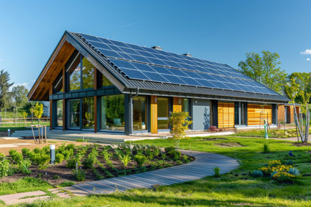 Modern eco friendly passive house with photovoltaic system and solar panels on the roof