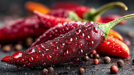 Vibrant red chili peppers glisten with moisture, surrounded by peppercorns on a dark textured...