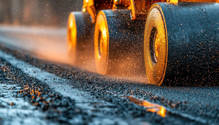 Heavy machinery smooths glossy black asphalt on a newly laid road as warm sunset hues create a...