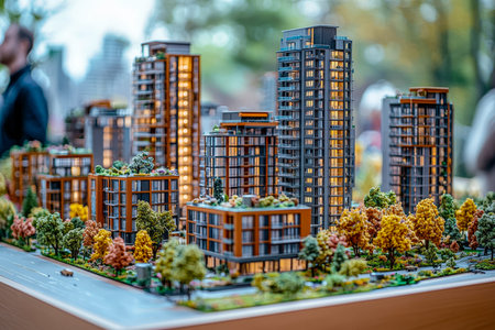 A finely crafted outdoor display featuring sleek urban residences surrounded by vibrant trees and...