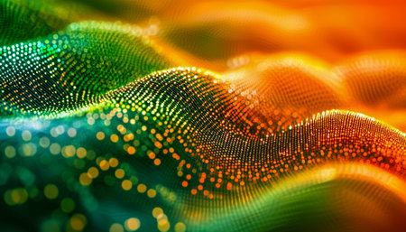 A vibrant digital composition featuring luminous streaks, shimmering multicolored particles, and...