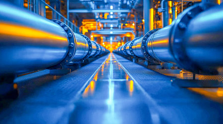 Complex network of metallic pipes and controls, illuminated by cool led lighting, reflecting...