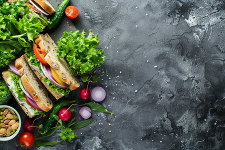 Top-down view of nutritious lunch box with sandwich and vegetables on stone tableの写真素材