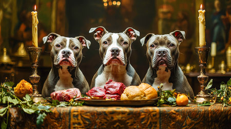 Three charming bulldogs gather around a cozy candlelit feast, their attentive expressions adding warmth to the intimate, softly illuminated setting.の写真素材