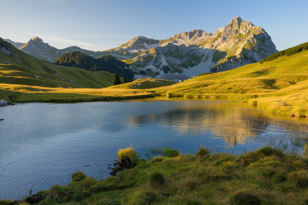 Sunny day at zittauerhuette mountain lake refuge, wildgerlossee, salzburg, austria, europeの写真素材