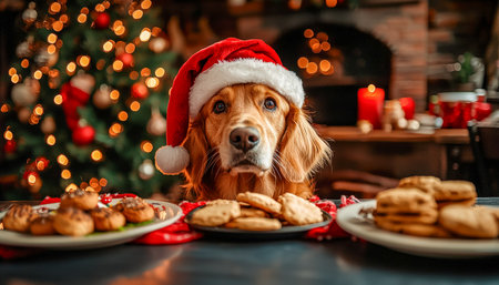 A charming puppy in a festive Santa hat nestled among holiday cookies, with a sparkling decorated tree creating a warm Christmas backdrop.の写真素材
