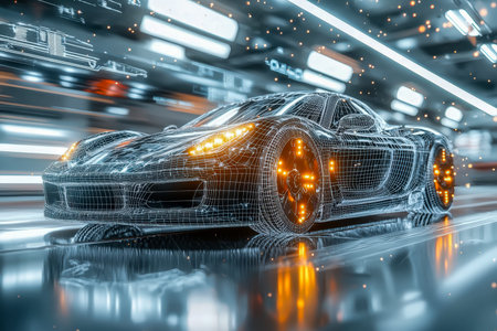 A sleek, neon-lit concept vehicle featuring a wireframe design, highlighted by illuminated edges,...
