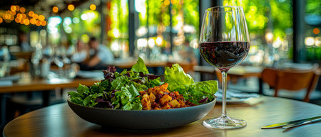 An inviting restaurant setting featuring a vibrant mixed greens salad paired with a glass of deep...