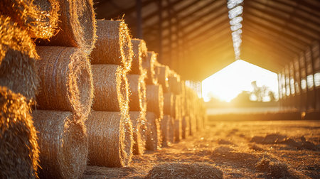 Rustic hay bales arranged in a barn's shadowed interior, illuminated by warm sunset rays, evoking...